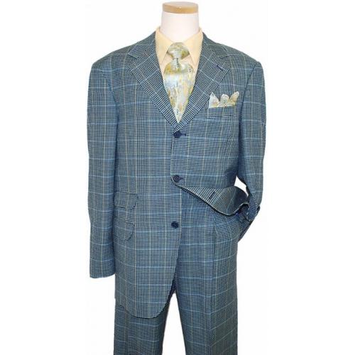 Earvin Magic Johnson Blue / Tan Houndstooth With Sky Blue / Cognac Windowpanes Super 120's Wool Suit TE40875